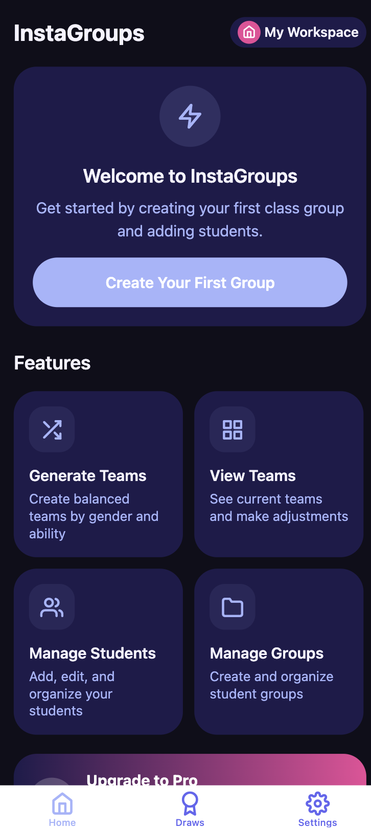InstaGroups home screen